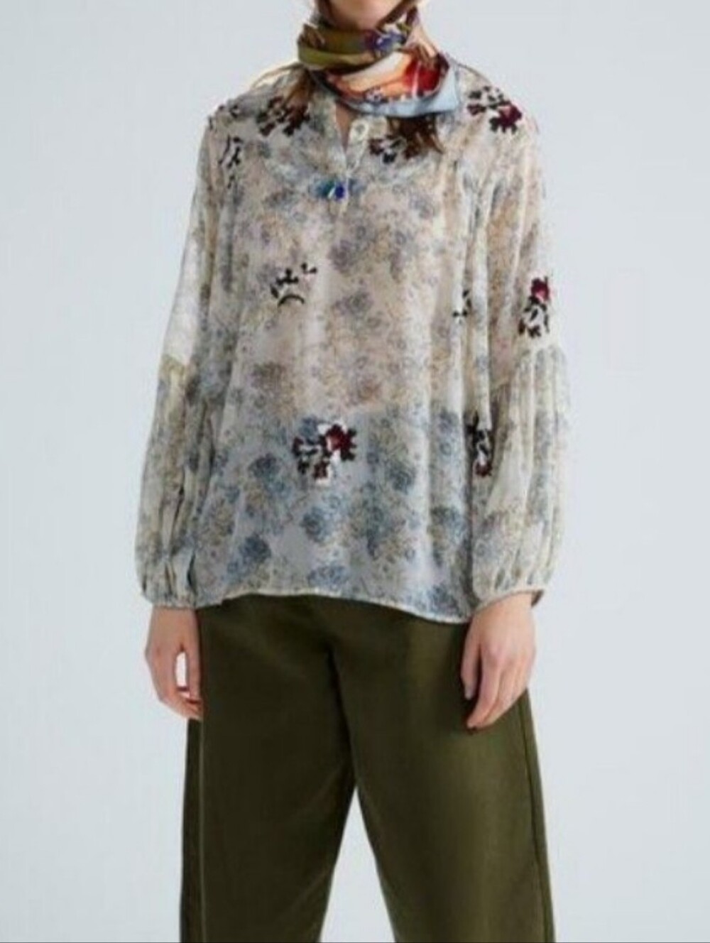 Zara Floral and Niddle Embroidery Sheer  Long-Sleeve Boho Blouse  Size L